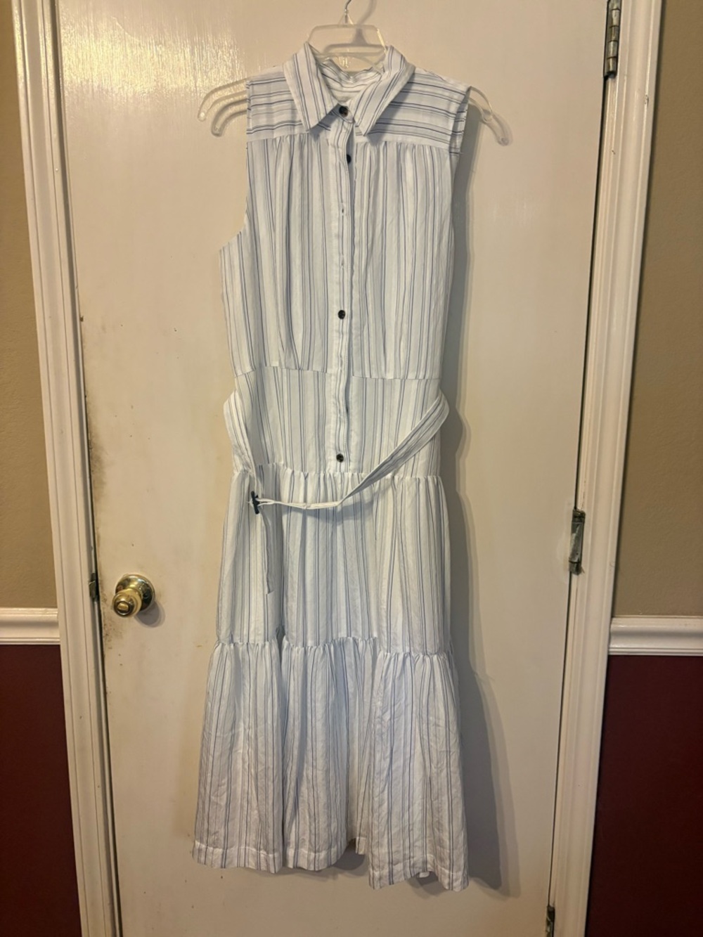 Ann Taylor Sleeveless Blue & White Striped Button Dress with Waist Belt Size 12